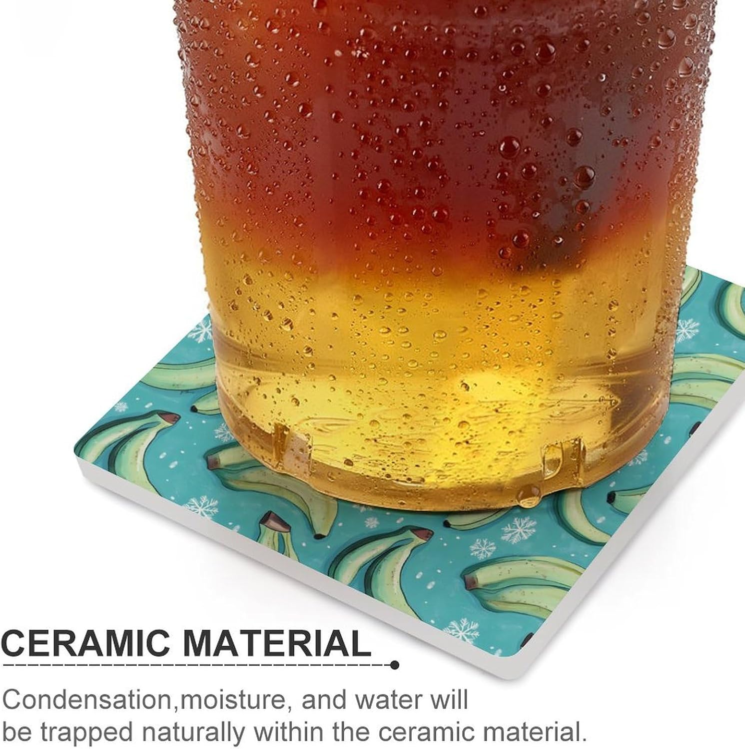 Bananas with Snowflakes Funny Ceramic Coasters for Drinks Absorbent Cup Holder Tabletop Protector with Cork Base