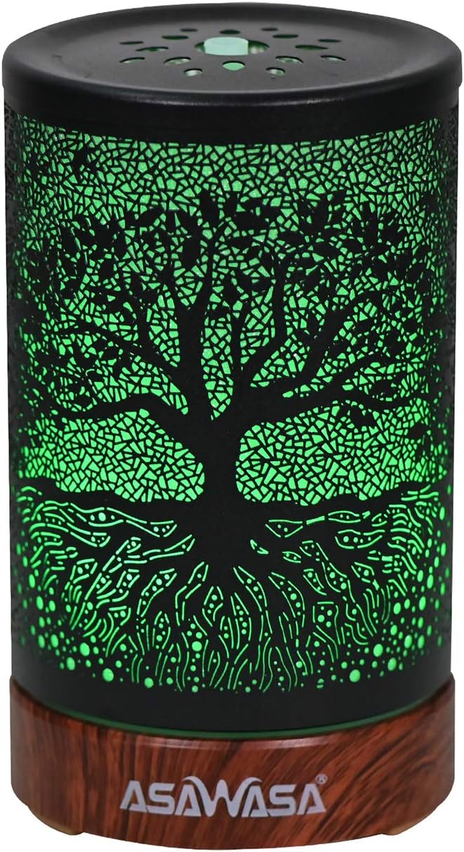 ASAWASA Diffusers for Essential Oils, Essential Oil Diffuser with Waterless Auto Shut-Off, Metal Art Aromatherapy Humidifier with Multicolor Changed Night Light,Ideal for Home Gifts Spa Yoga (Banyan)
