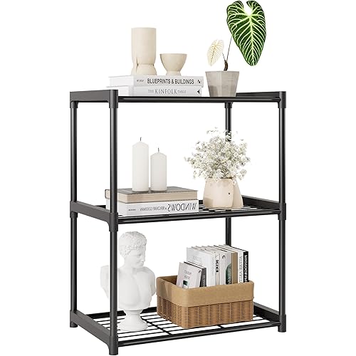 3-Tier Storage Shelves with Plastic Connectors – Metal Shelf Organizer for Pantry, Closet & Bathroom, Space-Saving Sturdy Shelving Unit Rack, Black, 17.3" x 12.8" x 28.9"