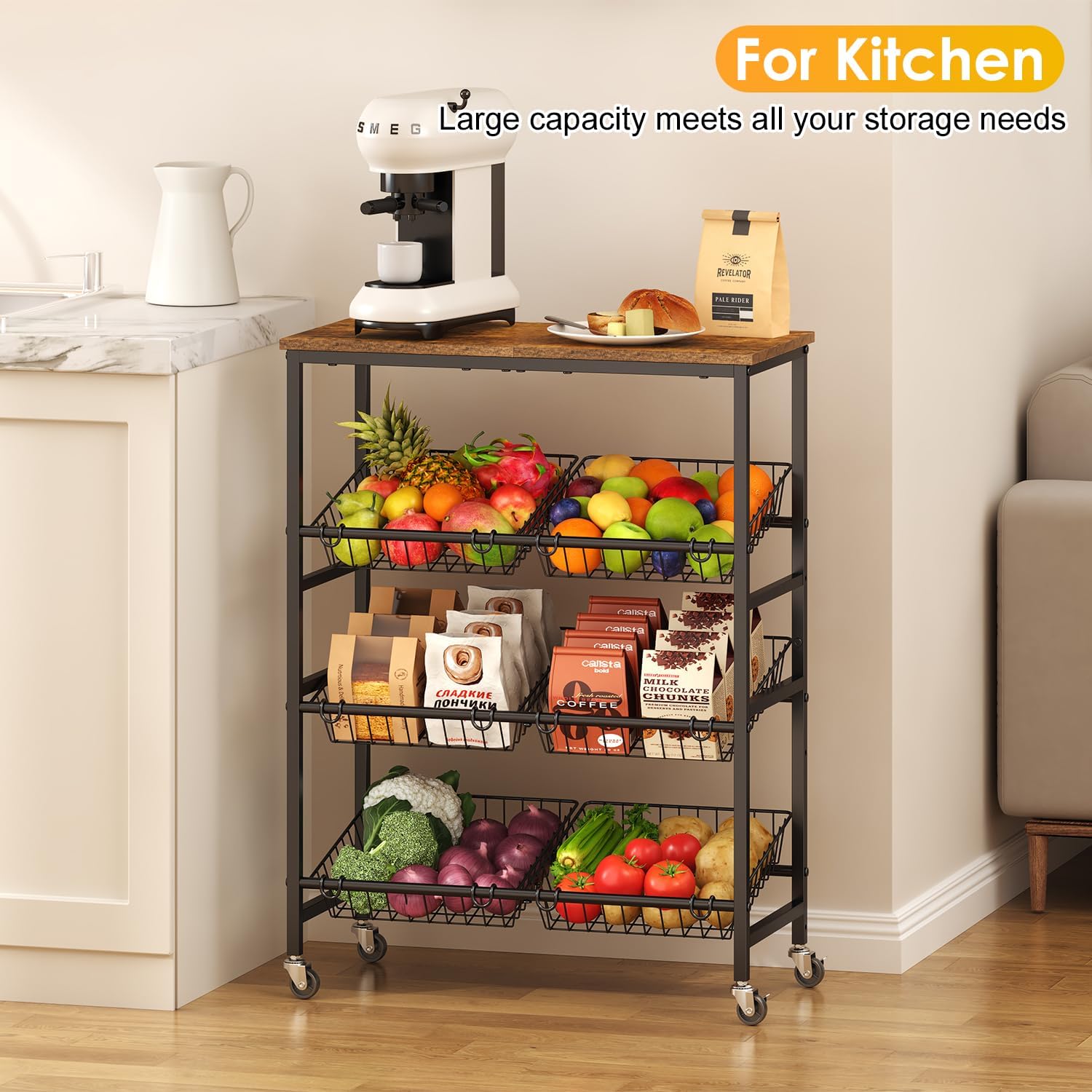 4-Tier Rolling Kitchen Storage Cart,Utility Kitchen Pantry Organizers and Storage Cart with Wheels for Snack Fruit and Vegetable,Microwave Stand with Storage Shelf,Has 6 Wire Baskets and Wood Tabletop