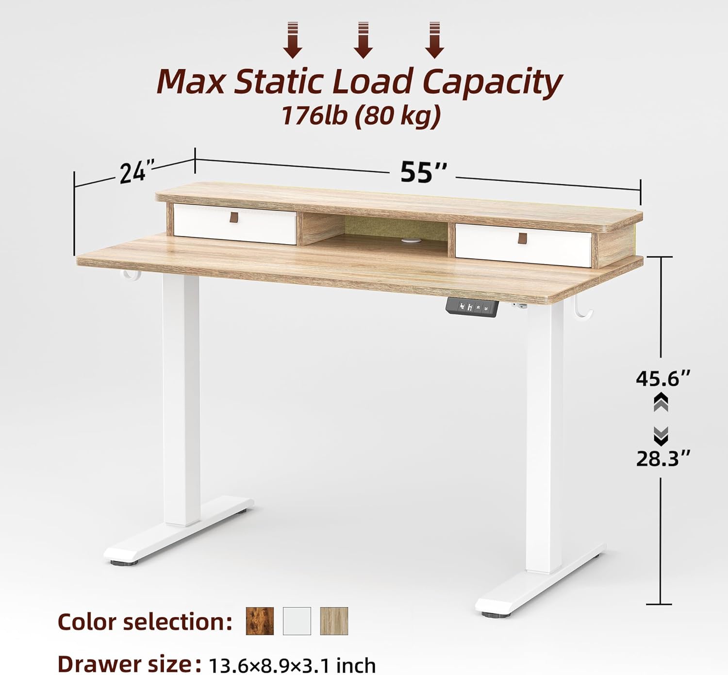 Diagram showing dimensions of the TIQLAB standing desk: 55 inches width, 24 inches depth, adjustable height from 28.3 to 45.6 inches.