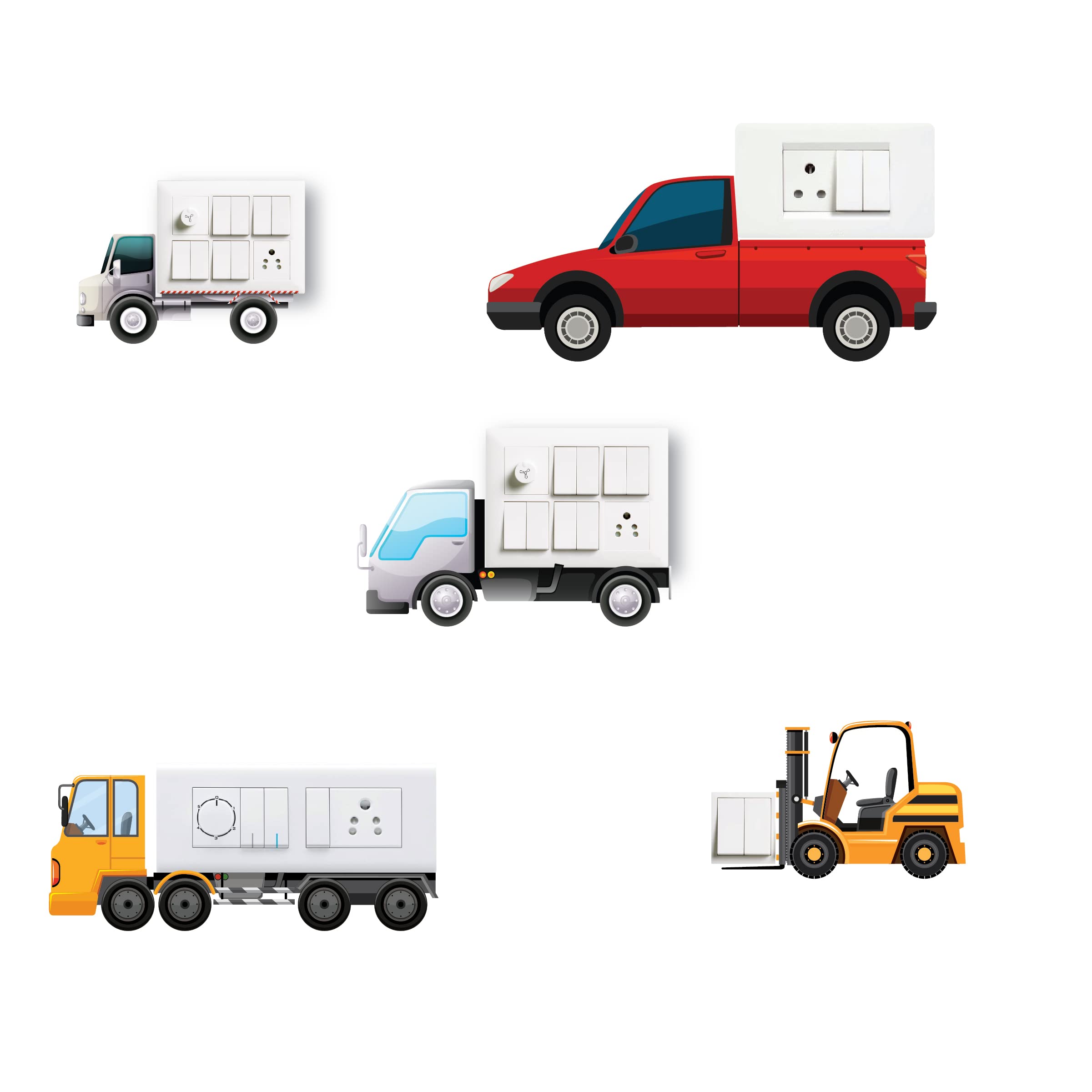 VVWV® 5 PCs Vehicles Switch Board Printed Stickers for Home Living Kids Bedroom Wall Decoration Multicolored Combo Stickers