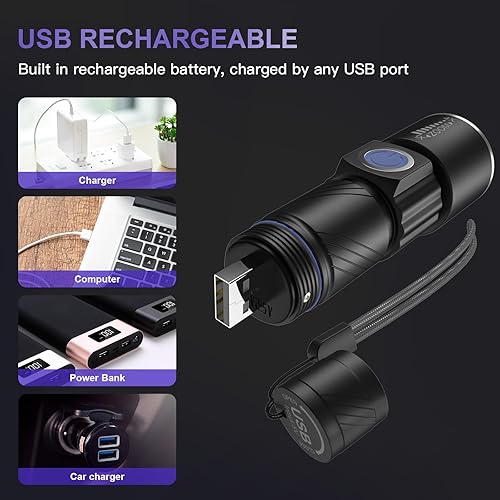 Miniatura 3 de COSOOS Linterna de luz negra recargable por USB, linterna UV de 395 nm con 3 modos, mini linterna con zoom de bolsillo con asa, detector portátil
