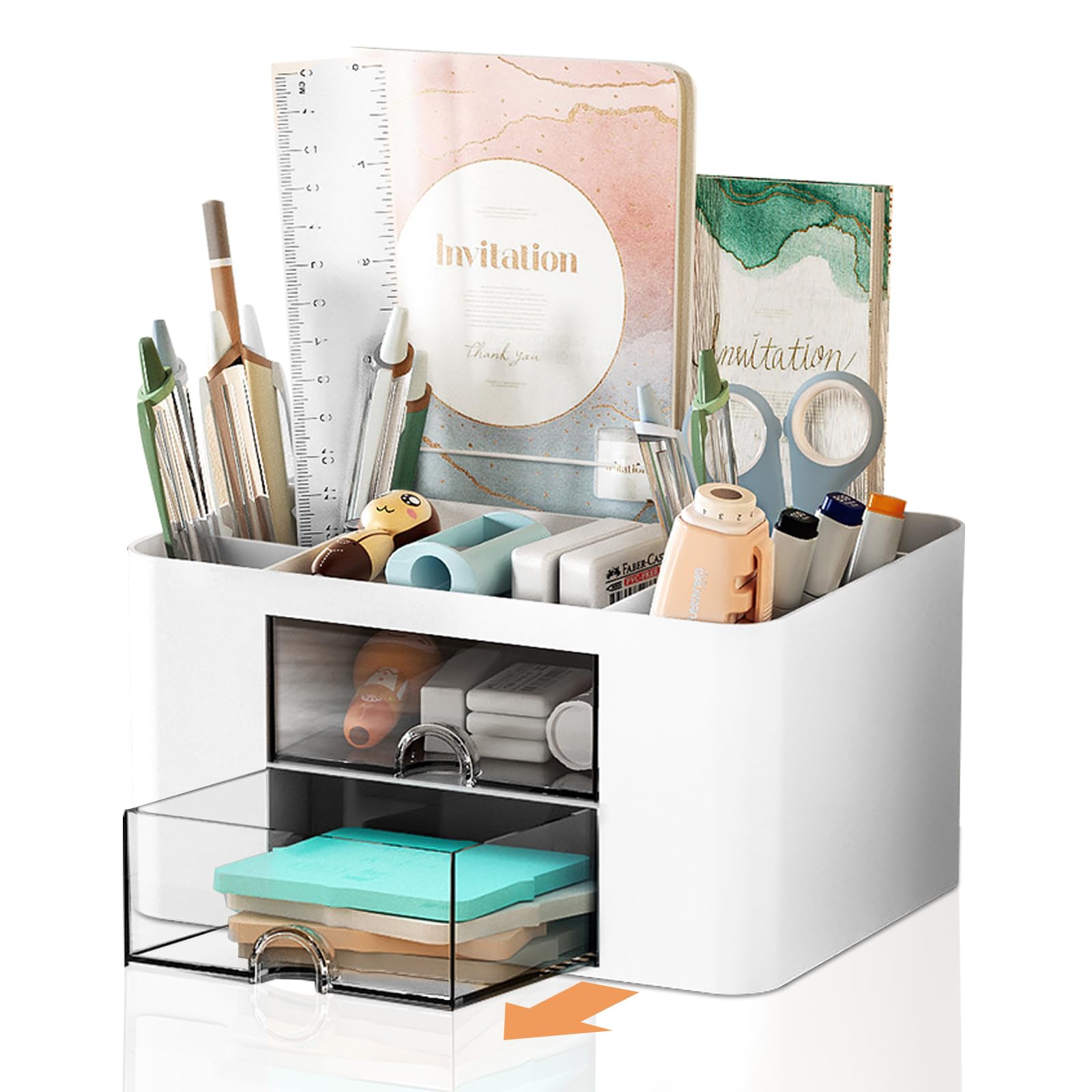 Cayxenful Desk Organiser with 2 Drawers, Plastic Table Stationary Holder, Desk Tidy with 5 Compartments Desktop Storage Holder Stationery Supplies Organizing For Office School Home(White)
