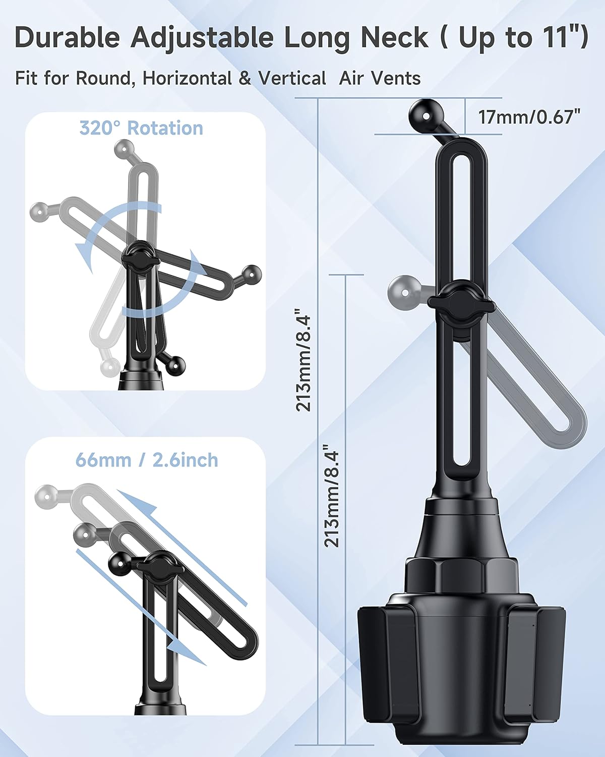 ZOOAUX Replacement Cup Phone Holder for Car, [17 mm Ball Joint] with Universal Adjustable Long Neck Car Cup Holder Phone Mount Cradle for Car Phone Holder, Wireless Car Charger,GPS,Car Cup Hole