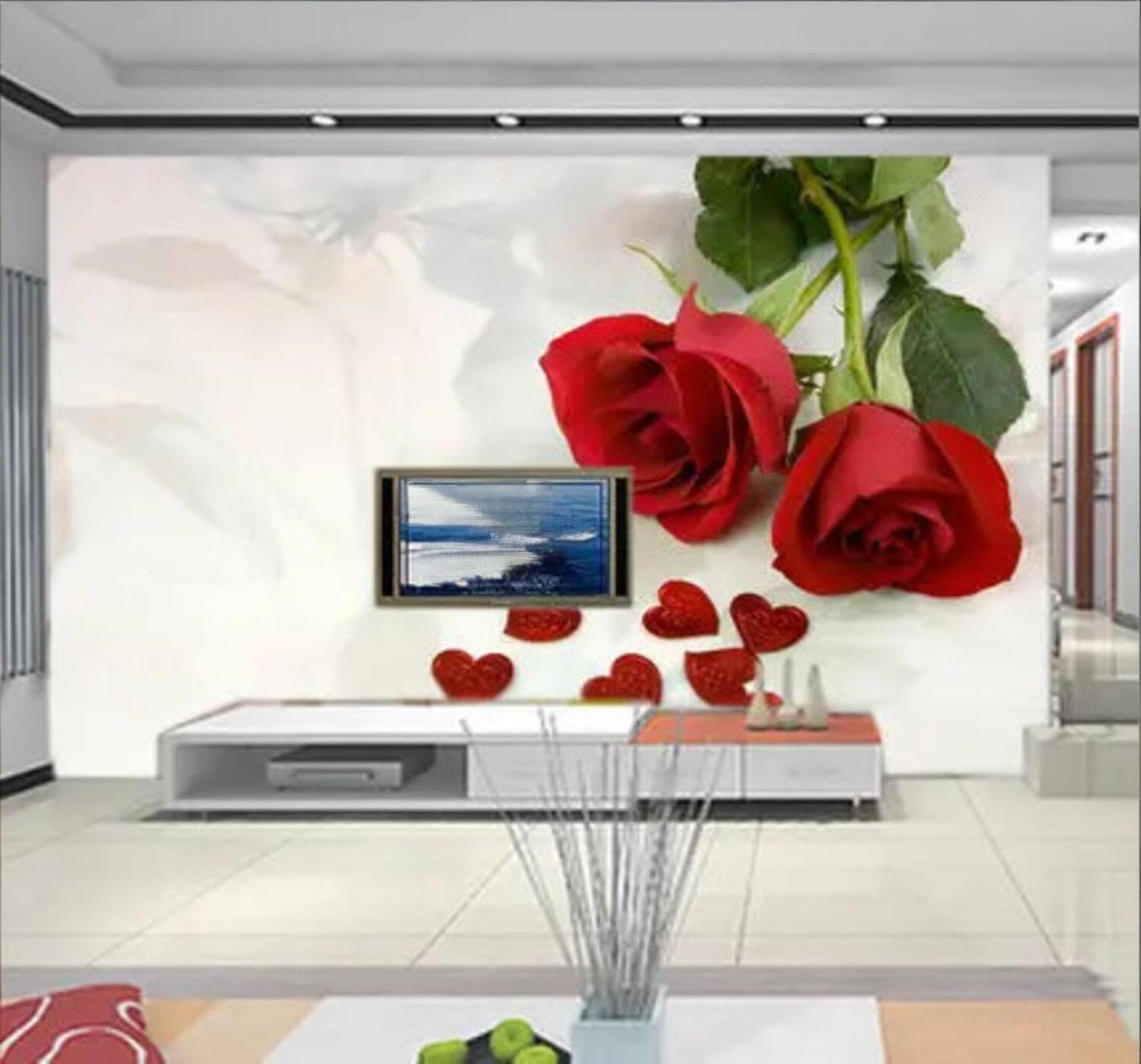 Tzxztt Minimalist Elegant Three Dimensional Romantic Red Roses Modern 3D Wallpaper Premium Textured Silk Neutral Tones Material Ideal for Living Room Bedroom-430cm×300cm