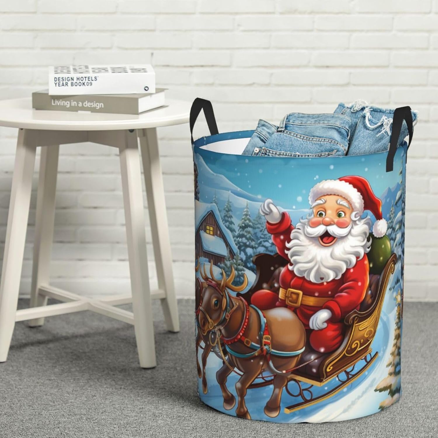 Laundry Basket Collapsible Laundry Hamper Waterproof Christmas Santa Claus Reindeer Clothes Organizer with Handles Round Tall Clothes Hamper for Bedroom Bathroom