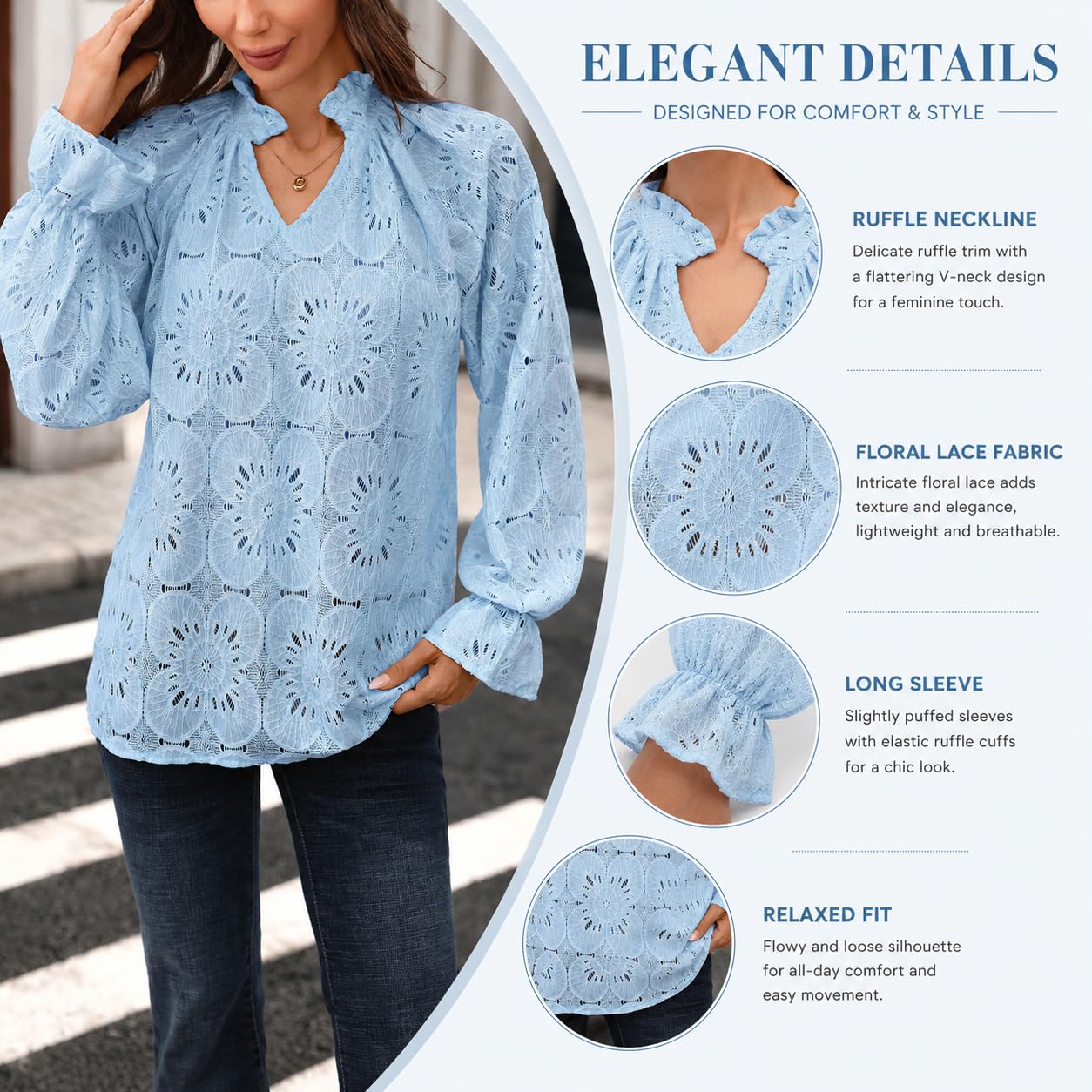 Blusa para Mujer con Cuello en V, Volantes, Encaje Calado y Mangas con puño