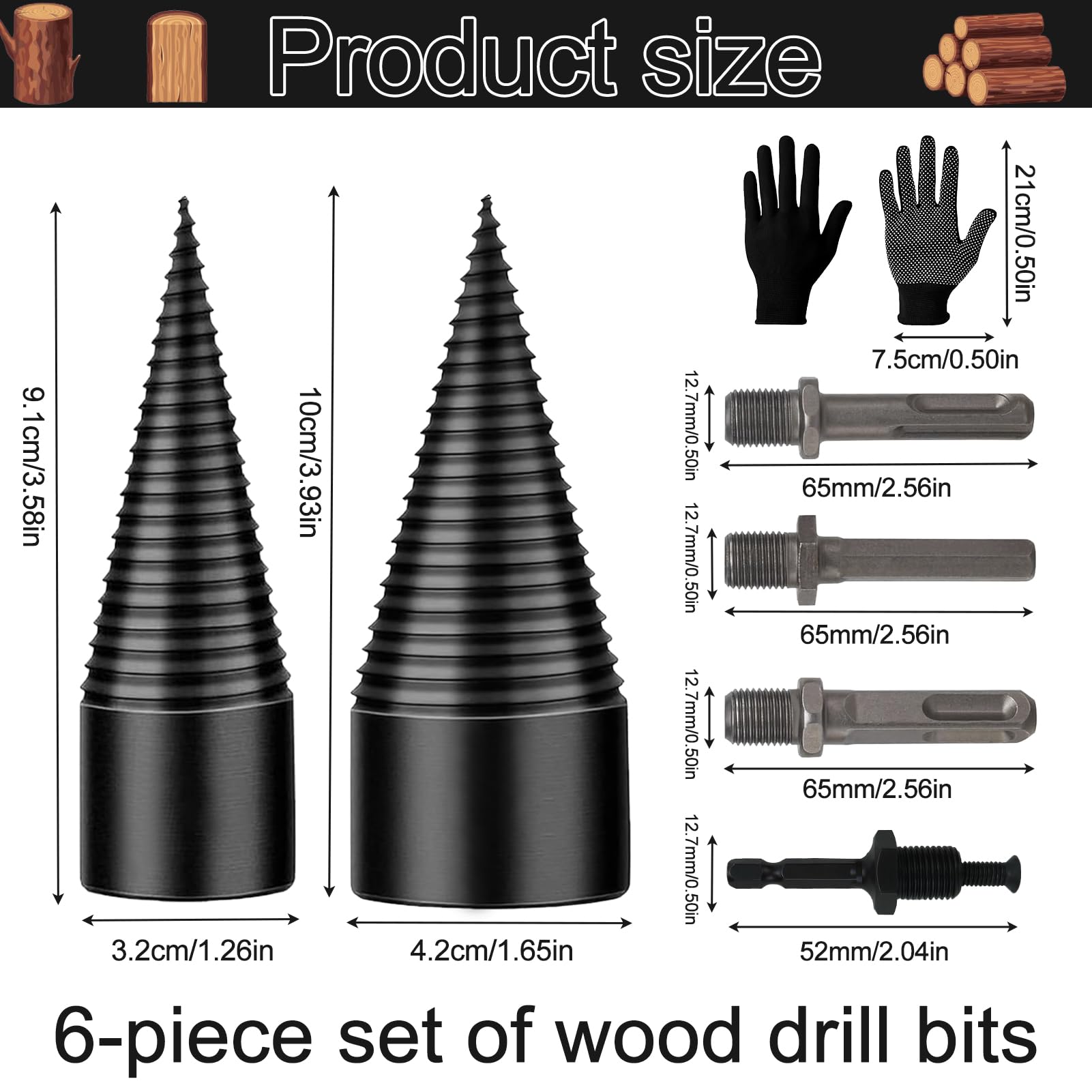 Foret Fendeur de Bois 42 mm + 32 mm, Tige Conique, 4 Poignées de Forage