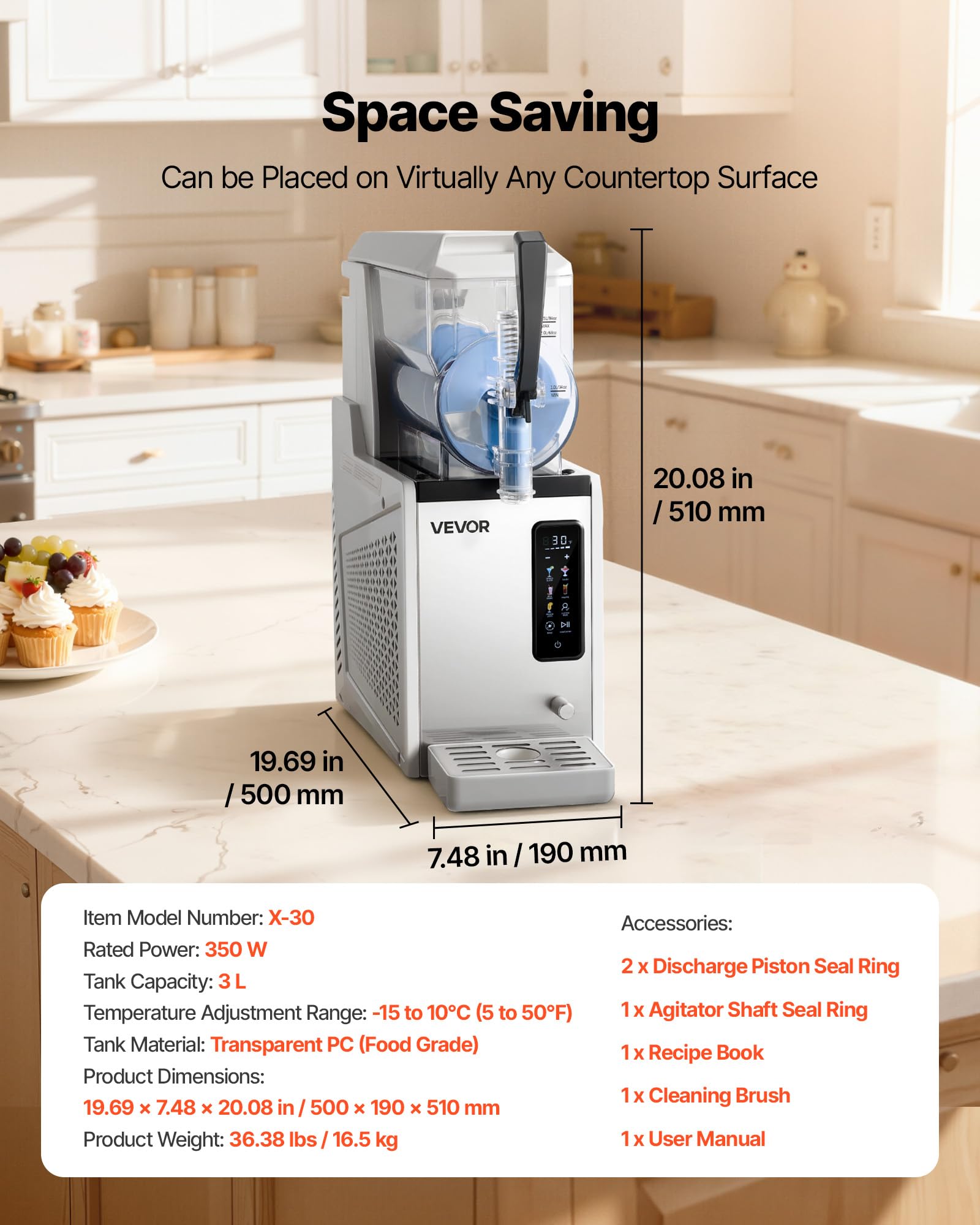 VEVOR Macchina per Granite 1 x 3 L 350 W Serbatoio Singolo Macchina per Bevande Ghiacciate Succo Fredde Cocktail con Funzione Autopulente per Preparazione Frappé, Milkshake, Frullati