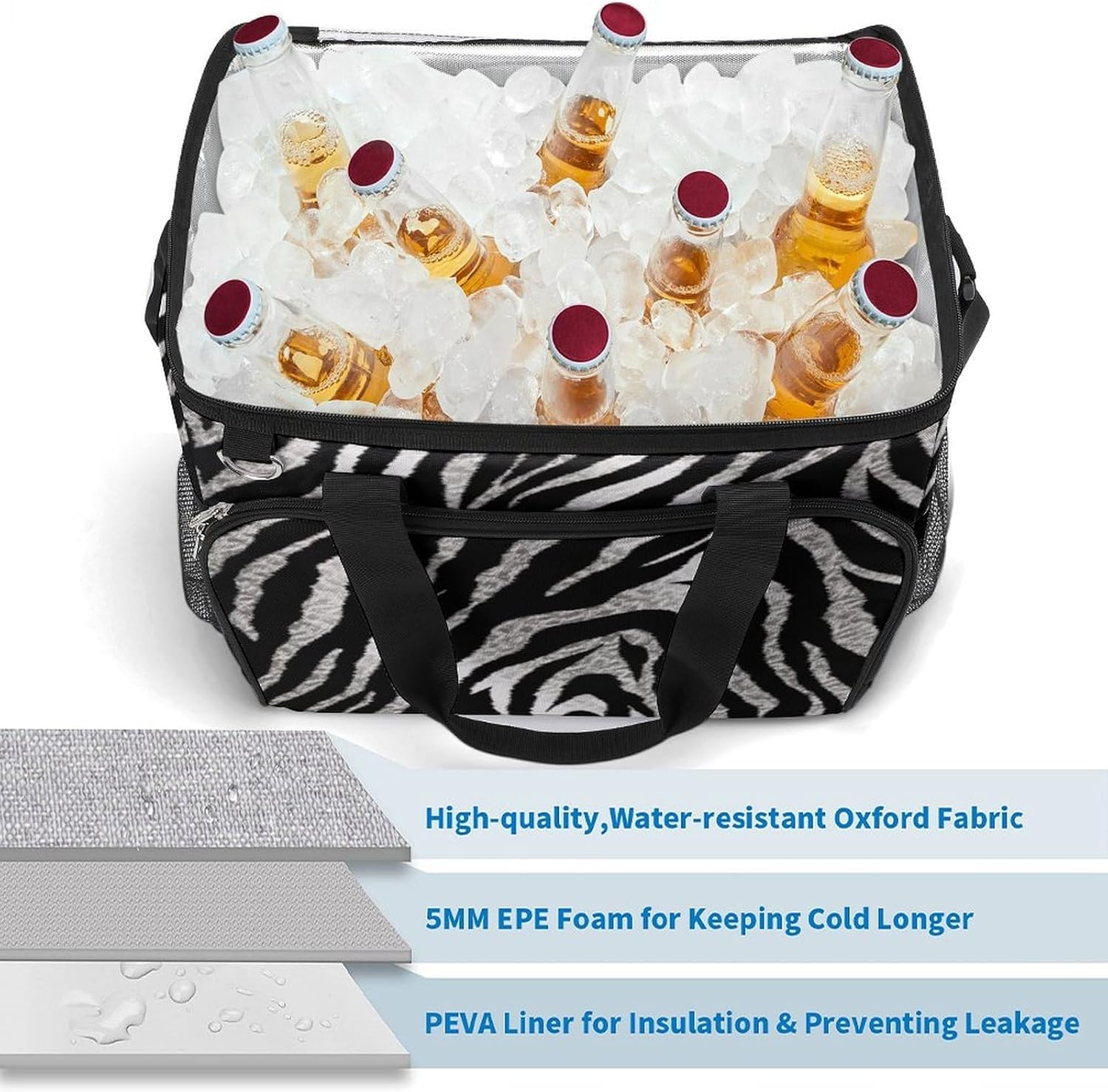 Insulated Picnic Backpack Tote Bag, Large Capacity 30L Black and White Zebra Print Cooler Bag Leakproof Beach Bags Portable Lunch Box Waterproof Picnic Basket for Beach Camping BBQ