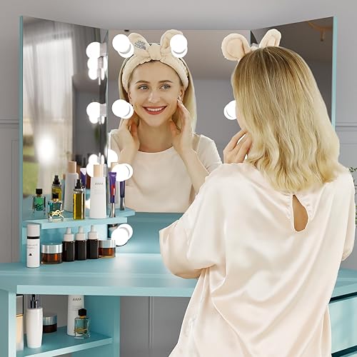 Miniatura 10 de Likein Tocador de maquillaje con estación de carga, tocador blanco de 36 pulgadas con espejo iluminado, escritorio de tocador con espejo y luces,