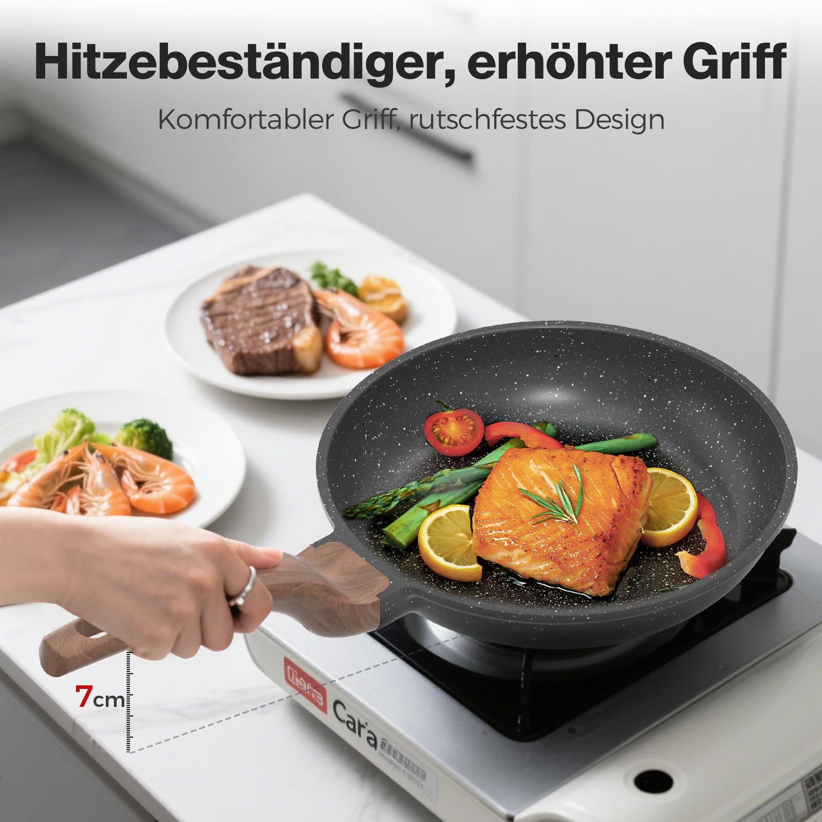 YASHE Antihaft-Bratpfannen-Set, 3-teilig mit 20/24/28 cm Granit-Pfannen, induktionsgeeignet, gesunde und langlebige Pfannen für Omeletts & Alltag, Kochen, Grau