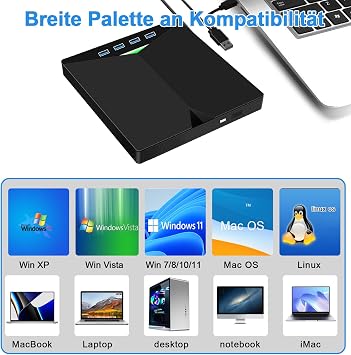 Externes CD DVD Laufwerk Tragbar DVD Brenner Extern USB 3.0 Type-C +/-RW CD Laufwerk Extern mit 4 USB und SD/TF-Karten-Anschlüsse Schnelle Datenübertragung für PC Laptop Win11/10/8/7/XPLinuxVista