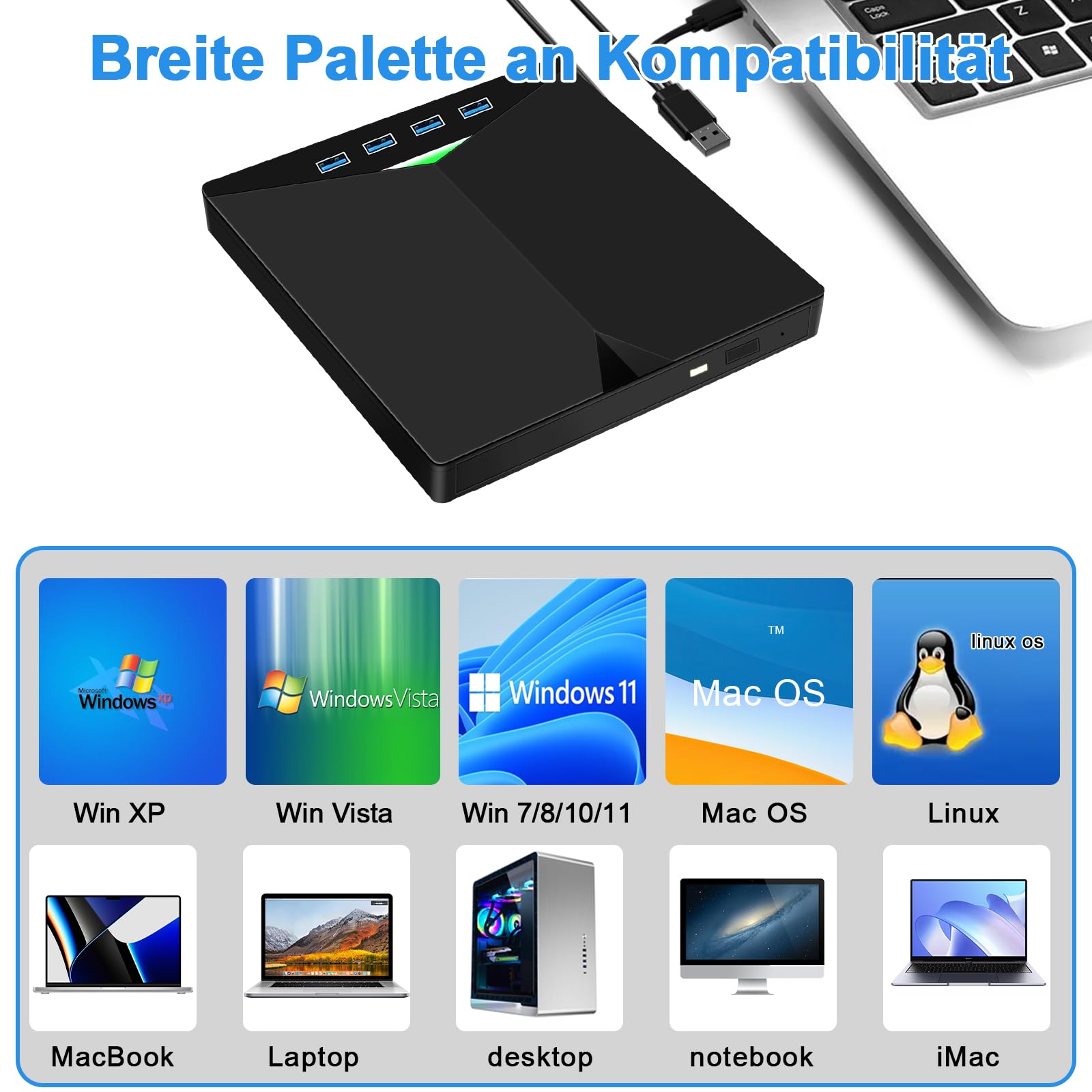 Zewnętrzny odtwarzacz CD/DVD do PC, USB 3.0 cienki przenośny rejestrator RW/ROM Napęd CD/DVD Player szybka transmisja wbudowany kabel USB do Windows 7/8/10/11, Vista, Linux, laptop, komputer