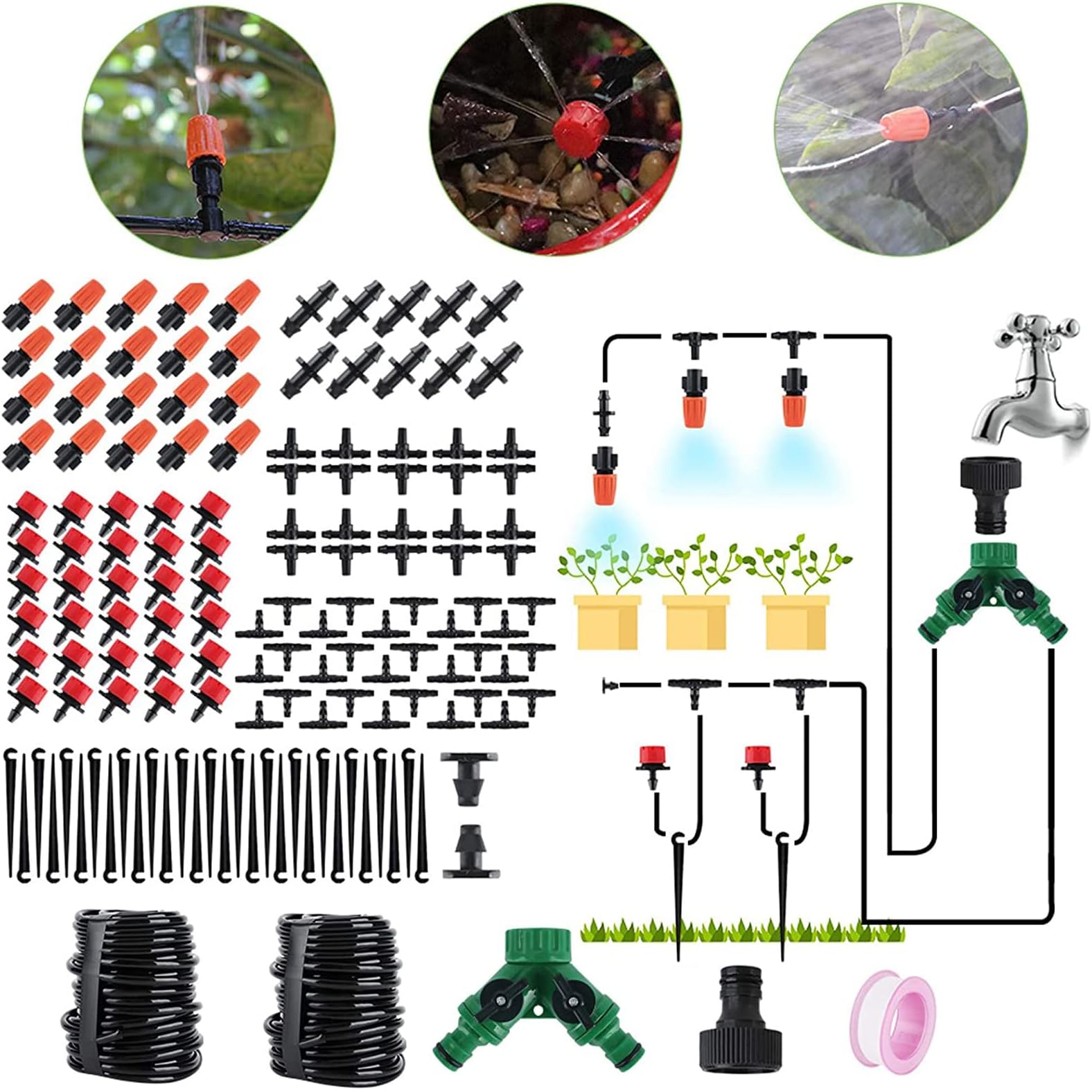 BORUIT 30M DIY Auto Drip Irrigation Kit,100FT Irrigation Pipe, Irrigation Sprinklers,Great Drip Watering System Garden Plant Watering Devices for Flower Bed, Patio, Garden Greenhouse Plants