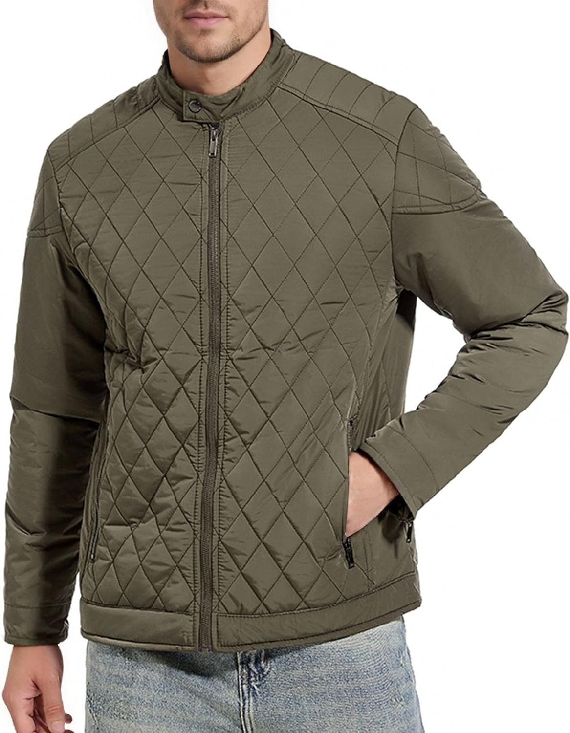 Men Lightweight Stand Collar Diamond Jacket Fashion Warm Zip up Bomber Coat Winter Cotton Padded Outerwear