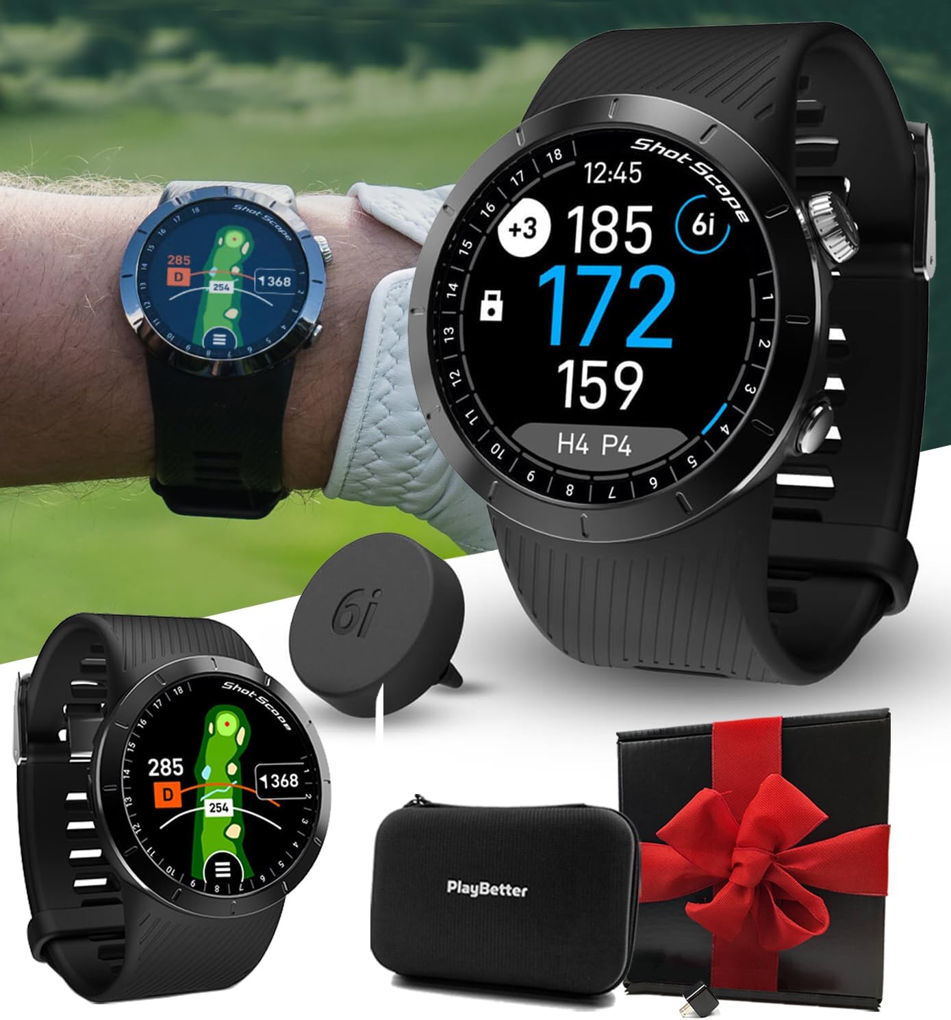 Shot Scope X5 Golf GPS Watch displaying yardages on a golf course, with a golf glove in the background.