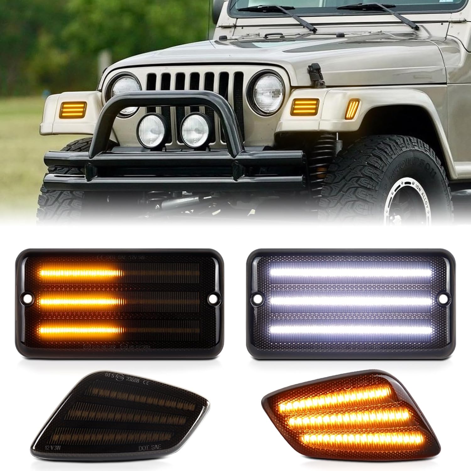 Switchback Sequential LED Turn Signals Side Marker Lights for Jeep Wrangler TJ 1997-2006, 4PCS Smoked Lens Amber & White Fender Lights Accessories