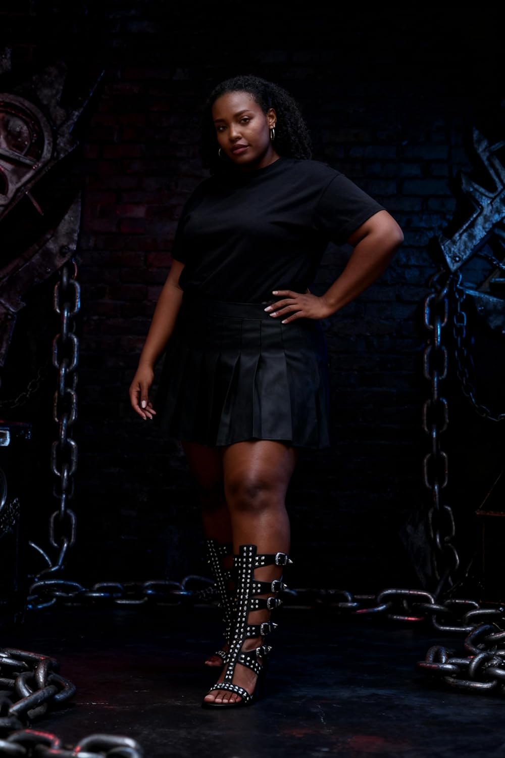 richealnini Knee High Gladiator Sandals with Rivets Back Zip Up Studded Buckle Belt Strap Heels for Women - Image 3