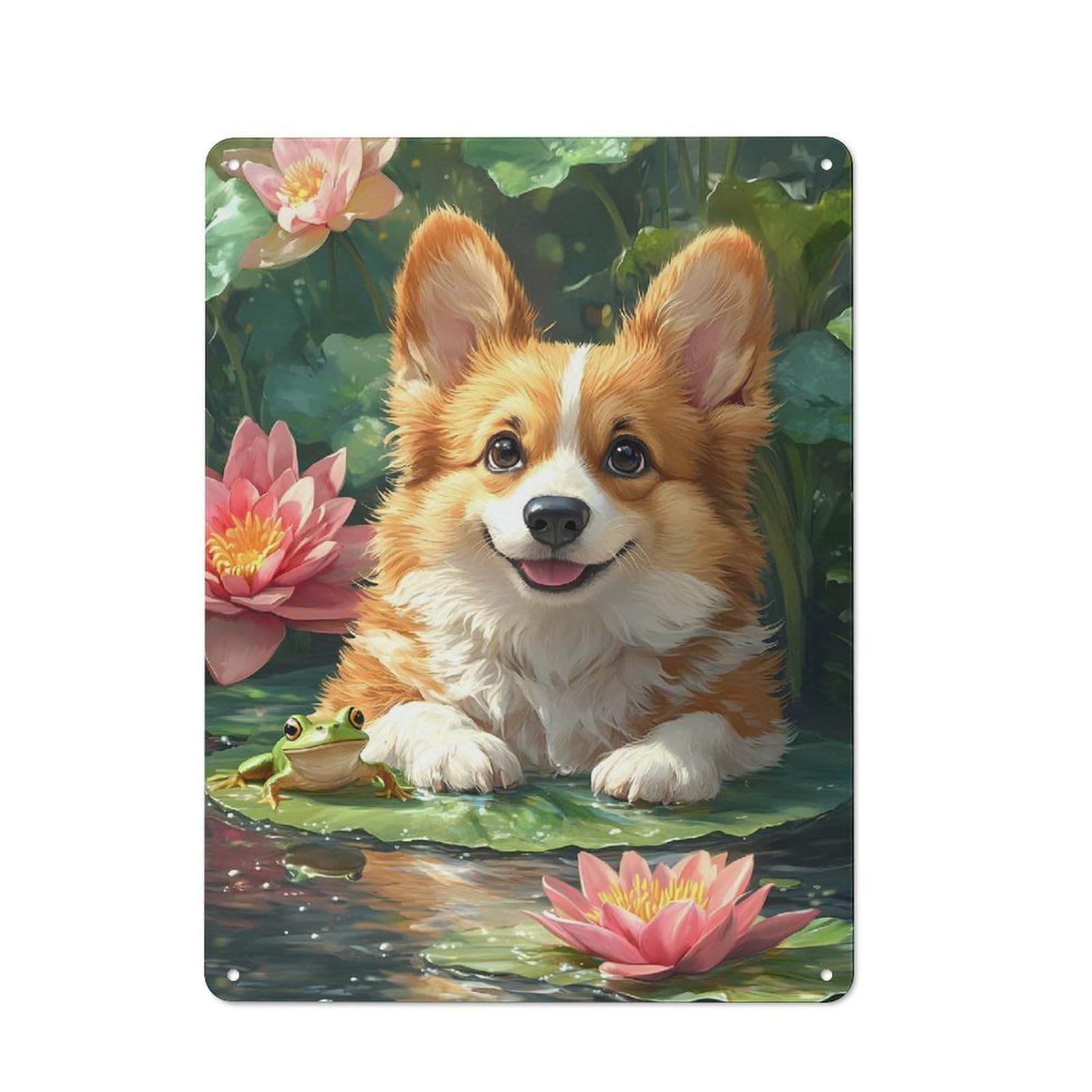 Corgi And Frog in Lily Pond Vintage Metal Wall Decor 40x30cm, Garage Metal Sign for Garage, Workshop, Shed Or Utility Room