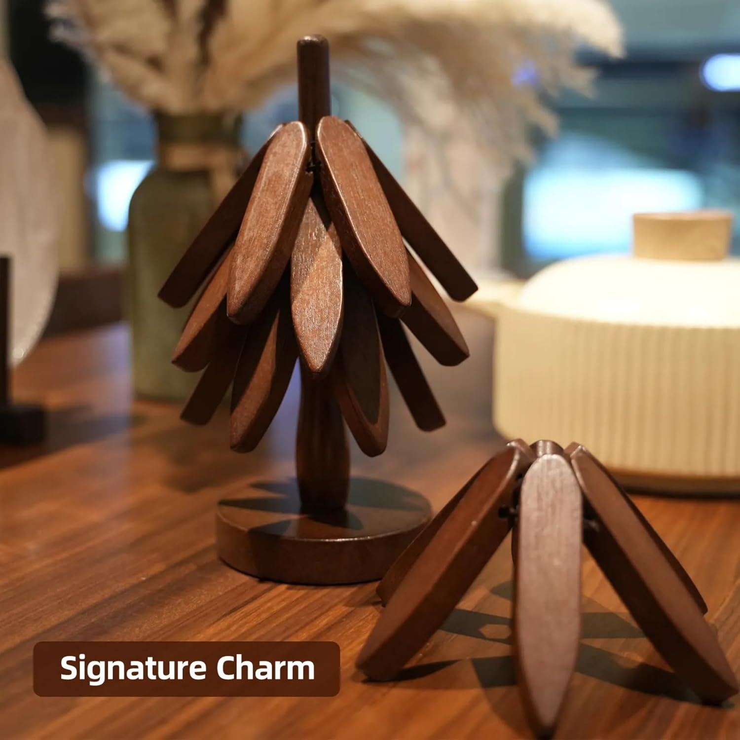 Wooden Trivets for Hot Dishes - Trivet Tree, Tree Coasters, Decorative Shape Set, 4 Coasters + 1 Stand, Walnut Foldable Hot Plate Holder for Pots, Pans, Bowls, Teapots