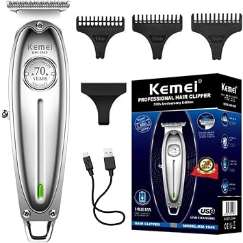 Kemei 1949 Trimmer Professional Hair Clippers for Men Zero Gap Electric Cordless Beard/Hair Trimmer Rechargeable T-Blade Haircut Machine for Stylists and Barbers Grooming Kit, Silver | Electric Cordless Beard/Hair Trimmer Rechargeable T-Blade Haircut Machine for Stylists and Barbers Grooming Kit, Silver