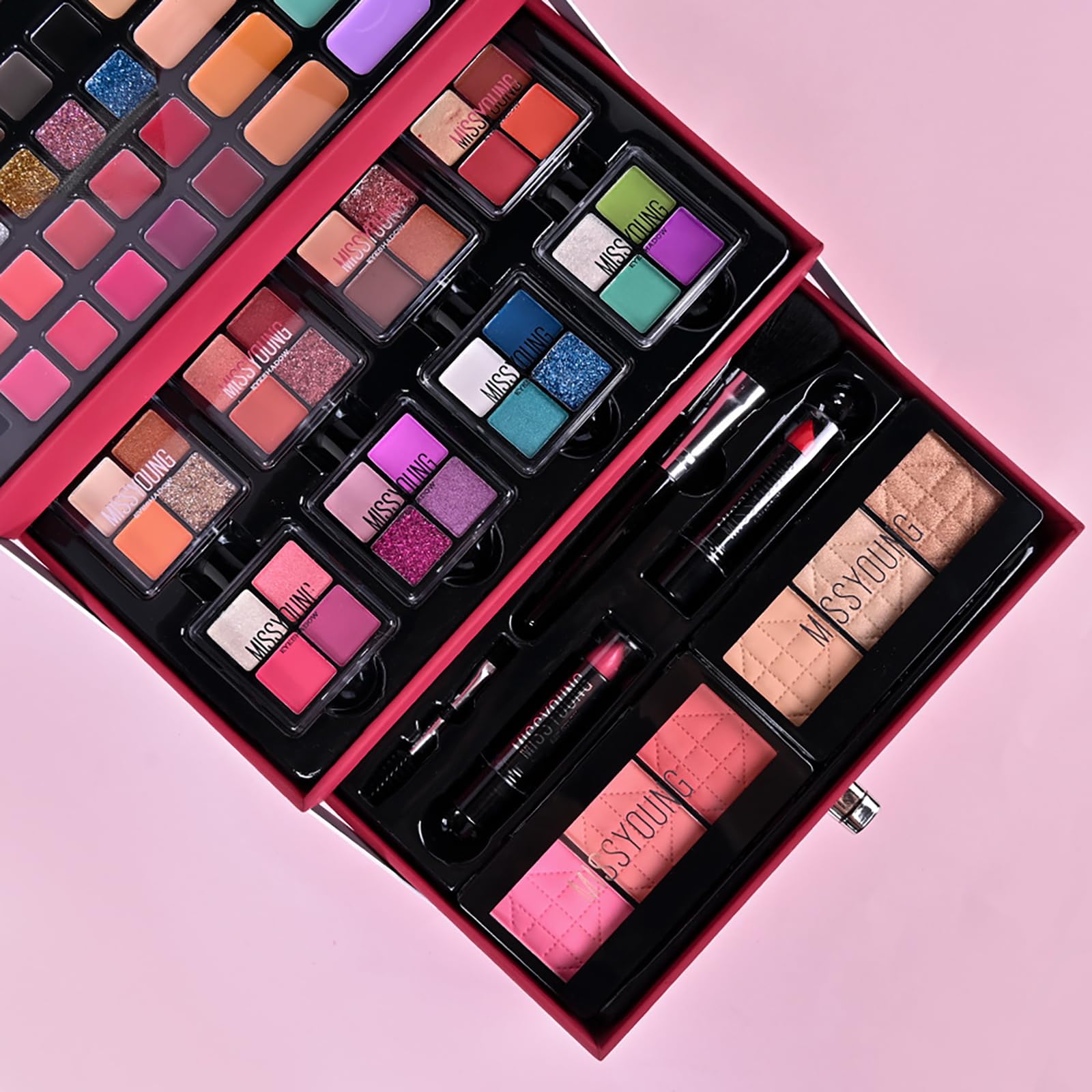 Coffret Maquillage Complet 45 Pièces - Palette Fards Ombre à Paupières, Anti-Cernes, Gloss et Accessoires avec Boîte de Rangement Rose