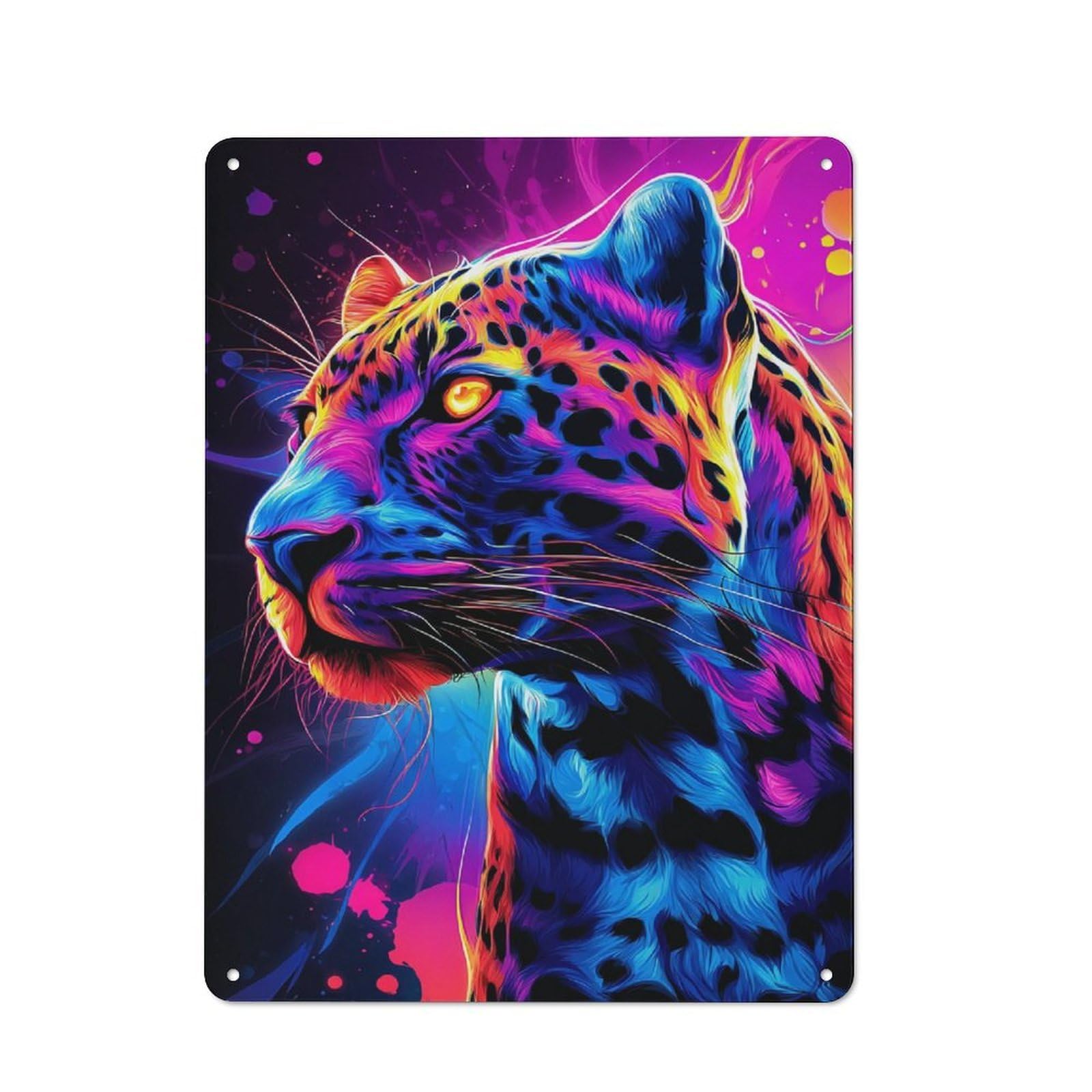 Junmoney Neon Leopard Vibrant Artwork -1 Tin Wall Plaque 40X30cm With For Hallway Wall, For Home Interiors, Feature Walls And Decorative Displays
