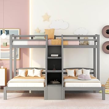 Harper & Bright Designs Triple Bunk Bed for Kids,Twin Over Twin Bunk Beds for 3, Wooden Bunk Beds with Storage Stairs and Litter Drawer for Girls Boys Teens,Grey