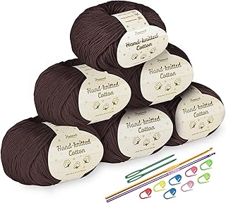Homewit Ovillo de lana para ganchillo y tejer, 6 x 50 g/165 m, 100% algodón para ganchillo, hilo de crochet para tejer y manualidades, color marrón