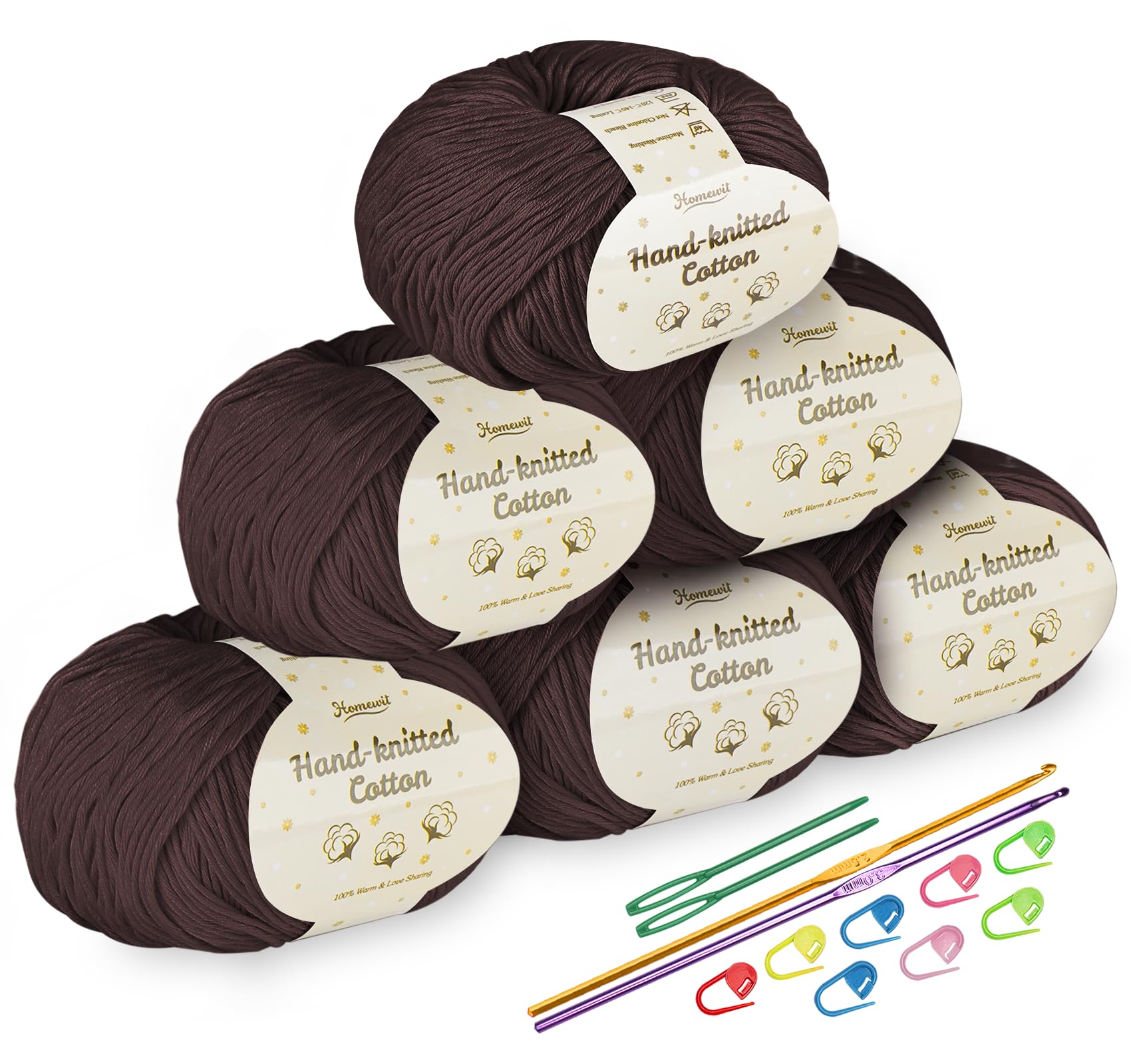 Cotton Yarn for Crochet Set, Homewit 6 Pack Cotton Crochet Yarn with Other Accessories, 50g Soft Professional Knitting Yarn for Baby Clothes, Hats, Towels, Gloves, Yarn Projects Handcrafts (Brown)