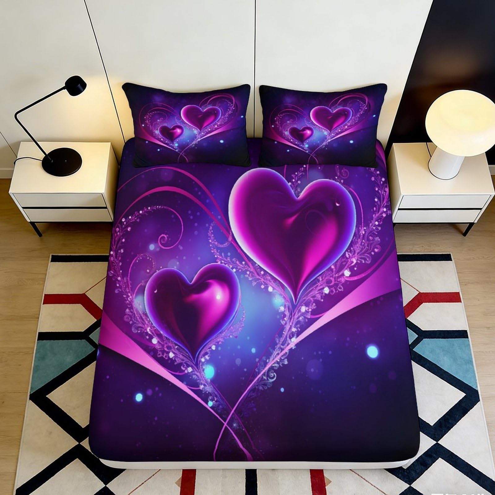 3D Printed Dreamy Purple Heart Fitted Sheet Microfiber Deep Pocket Non-Slip Bedroom Bedding Heart Mattress Fitted Cover Washable for Adults Teens 200x200x25cm 90x200x25cm