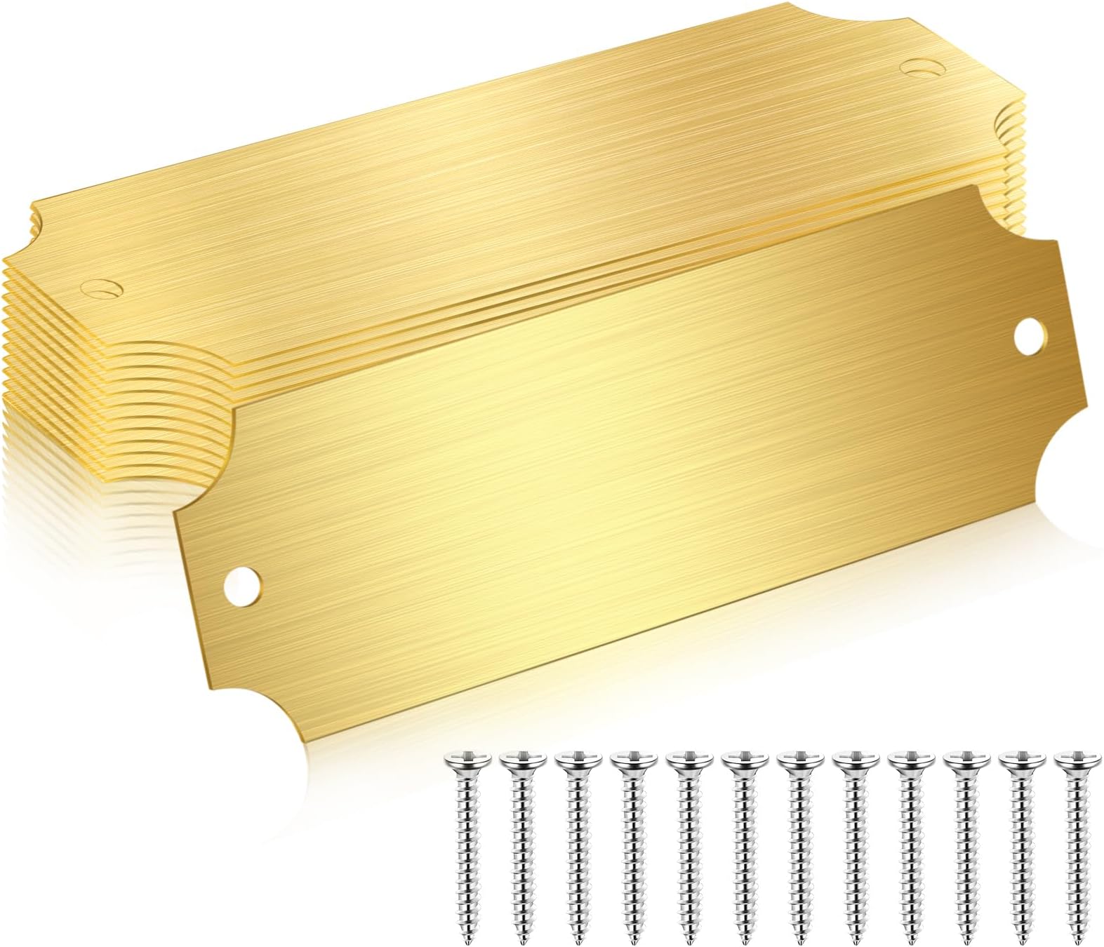 Yaocom 12 Pcs Engraved Name Plates Laser Brushed Solid Metal Plate Personalized Plaque Blank Custom Name Tag Frame Label with Adhesive Backing and Screws for DIY(Gold Notched Corner,1'' X 3'')