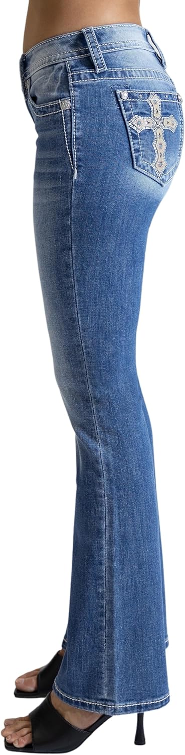 Miss Me Women's Stoned Cross Applique Mid-Rise Bootcut Jeans