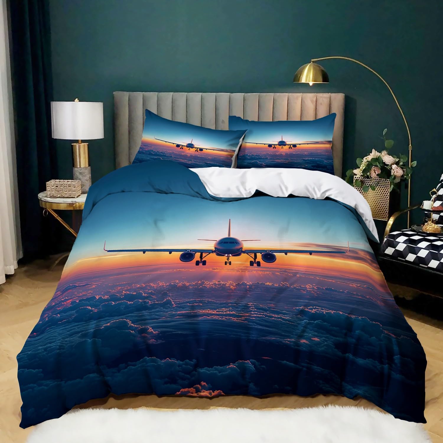XCQHZYQ Duvet Cover Super King 220x260 cm Sunset Sky Airplane Printed Duvet Cover Sets 3 pcs with Zipper Closure + 2 Pillowcases, Soft Hypoallergenic Microfiber Quilt Cover Bedding Sets