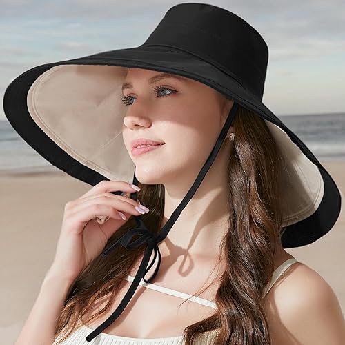 Miniatura 7 de Sombrero de sol de ala ancha de 7 pulgadas para mujer, sombrero grande plegable con protección UV, se puede llevar en ambos lados