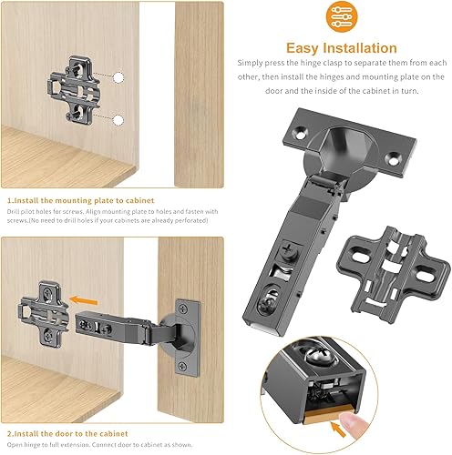 Miniatura 4 de 10 bisagras de cierre suave superpuestas de 34 pulgadas, placa de clip, 105 grados, hidráulica silenciosa, bisagra oculta europea sin marco negro