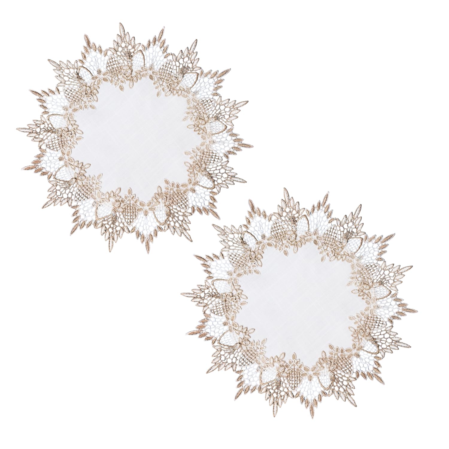 Phantomon Lace Doily Jacquard Table Topper Set in Neutral Beige Tone White 15 Inch Round Placemats with Embroidery Edge, Pack of 2 (White)