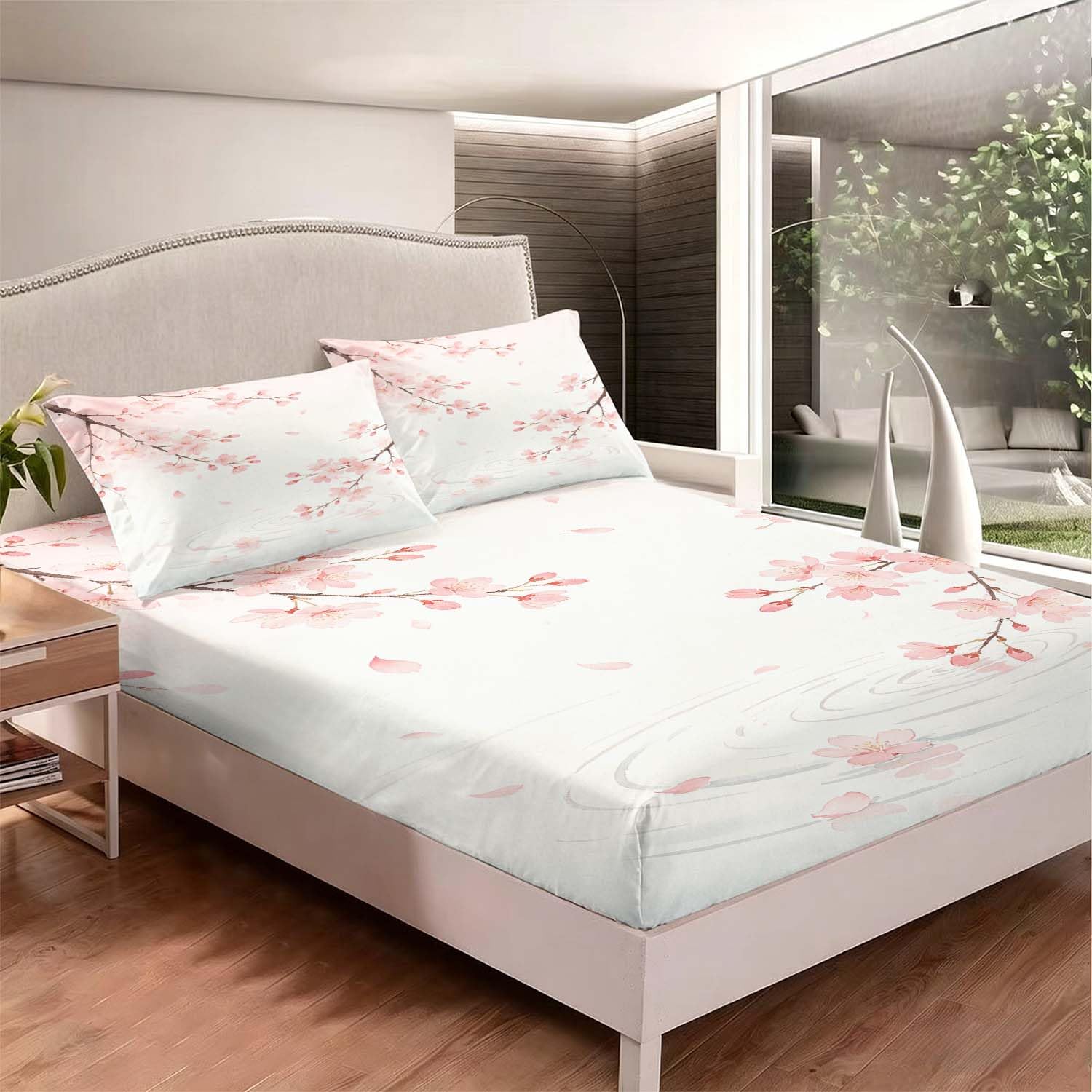 Drap Housse 180x200 cm Fleurs de Cerisier 3D Drap-Housse Thème Japonais Draps Housses Microfibre 2 Personnes avec 2 Taie d'oreillers pour Matelas Épais XCW6433