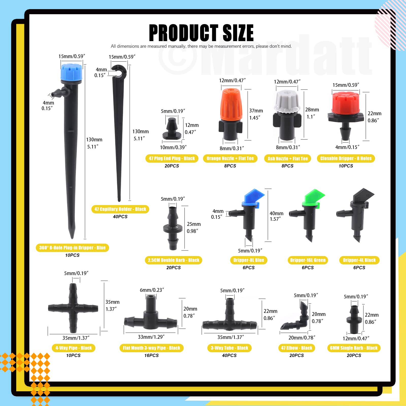 Mardatt 224Pcs Drip Irrigation Barbed Connectors 1/4''Tubing Fittings Kit with Elbows, End Plug, Straight Barbs, Sprinkler Nozzle, Tees,Elbows, 4-Way Coupling for Garden Lawn Agriculture Hydroponic - Image 2