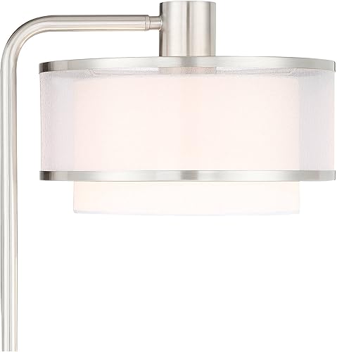 Miniatura 6 de Possini Euro Design Vogue - Moderna lámpara de pie con mesa de vidrio templado de 60 pulgadas de alto, níquel cepillado blanco, lino plateado,