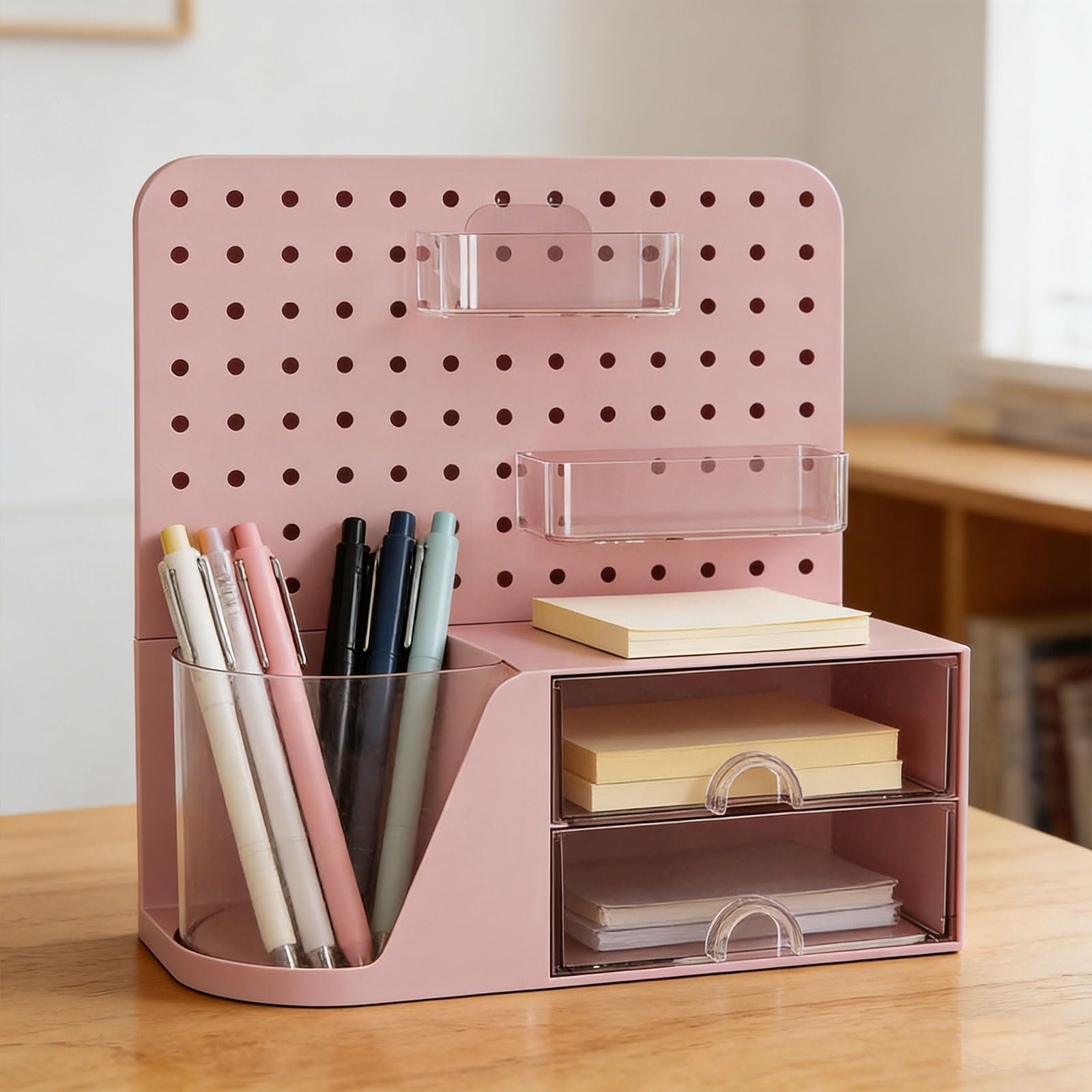 Organizador de escritorio multifuncional, tablero perforado con caja giratoria para bolígrafos y 2 cajones para organización de oficinas en hogar, planificador giratorio