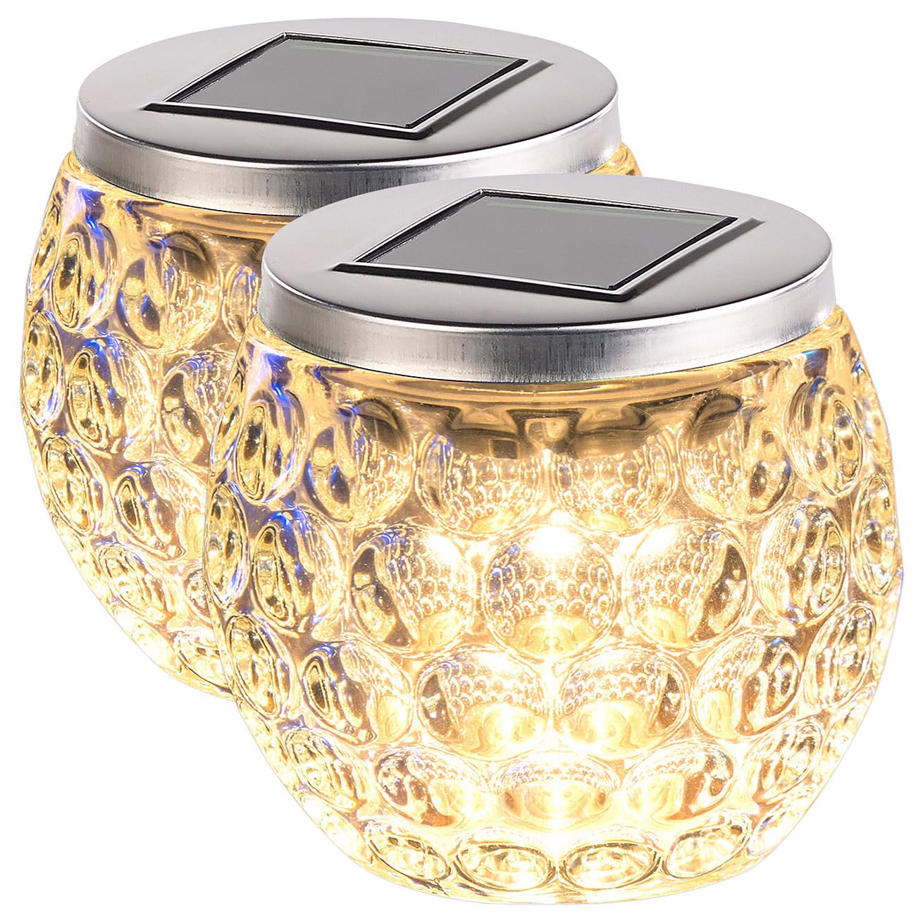 Lunartec Solar Tischleuchten: Solar-LED-Windlicht, Glas, tolles Lichtmuster, IP44, Ø 10 cm, 2er-Set (Solarlicht Glas, Teelicht Leuchte, Kugel)