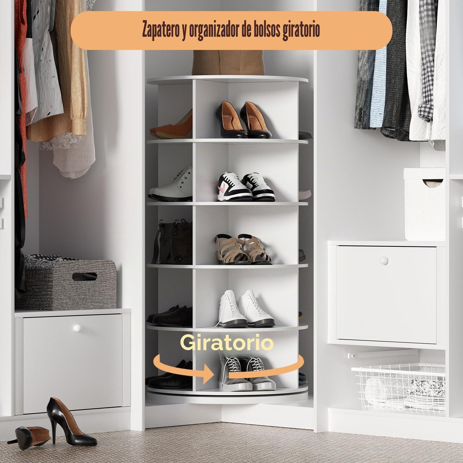 Zapatero Giratorio a 360 Grados, Organisateur de Zapatos Redondo con 6 Niveles, Torre de Zapatos Vertical Salvaspazio Blanco para 24 Pares de Zapatos y Bolsos, Armario Zapatero para Entrada