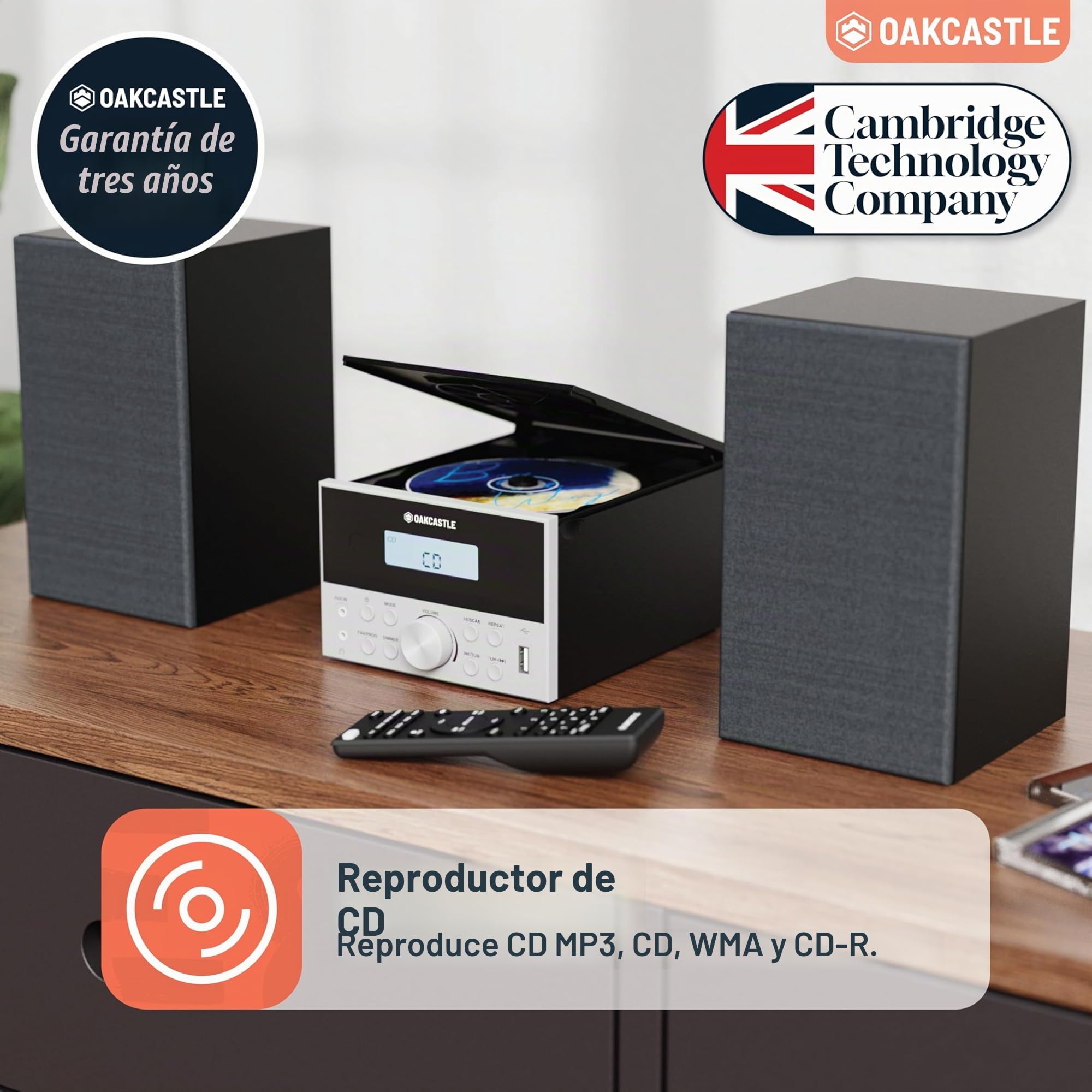 OAKCASTLE HIFI150 - Sistema de música Bluetooth 5.2 con altavoces DSP, sistema HiFi de 20 W, reproductor de CD HiFi con radio FM, instalaciones compactas de madera maciza, USB, AUX, MP3, CD, CD-R,