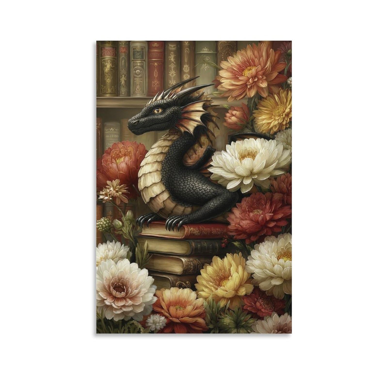 DHBANEIOK Dragon Among Books Wall Decor Poster Canvas Prints Picture Modern Canvas Wall Art Picture Wall Hanging for Home Decorations 20x30inch(50x75cm)