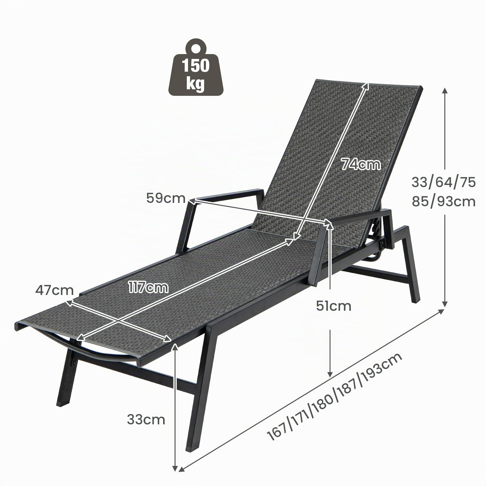 LIFEZEAL Transat Jardin Extérieur avec Dossier Inclinable en 5 Positions, Chaise Longue en Rotin PE avec Accoudoirs, Bain de Soleil pour Plage, Piscine, Terrasse, Balcon, Charge 150 kg (Noir)