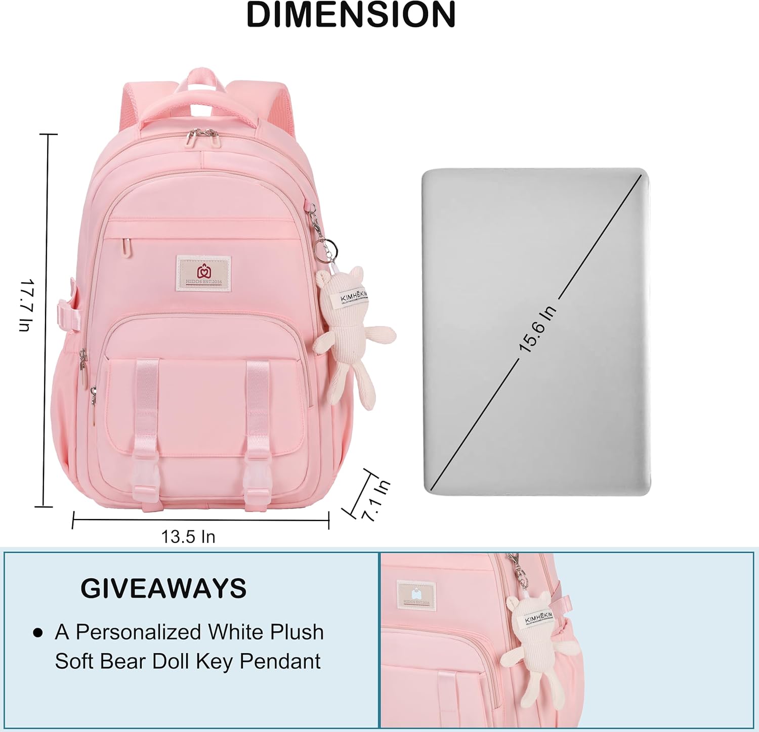 Hidds College Backpack Laptop Backpacks 15.6 Inch for Men Women Elementary Middle High School Book Bag For Teens Girls Boys Student Anti Theft Travel Daypack Large Bookbags-Pink - Image 6