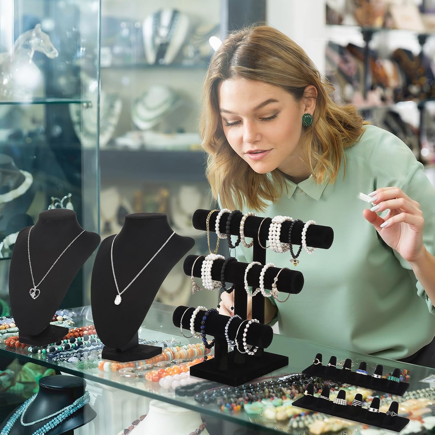 7 Pcs Black Velvet Jewelry Display Sets Includes Necklace Bracelet Holder Jewelry Bust Holder Stand Ring Display Stand for Selling Craft Showcase Organizer Home Store Trade Show